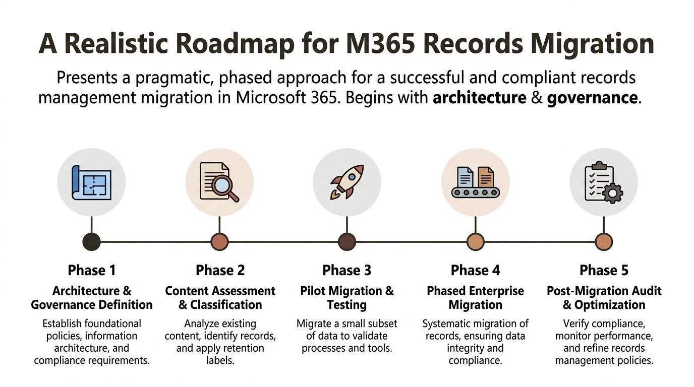 A diagram outlining a five-phase roadmap for executing a records management migration project in Microsoft 365.