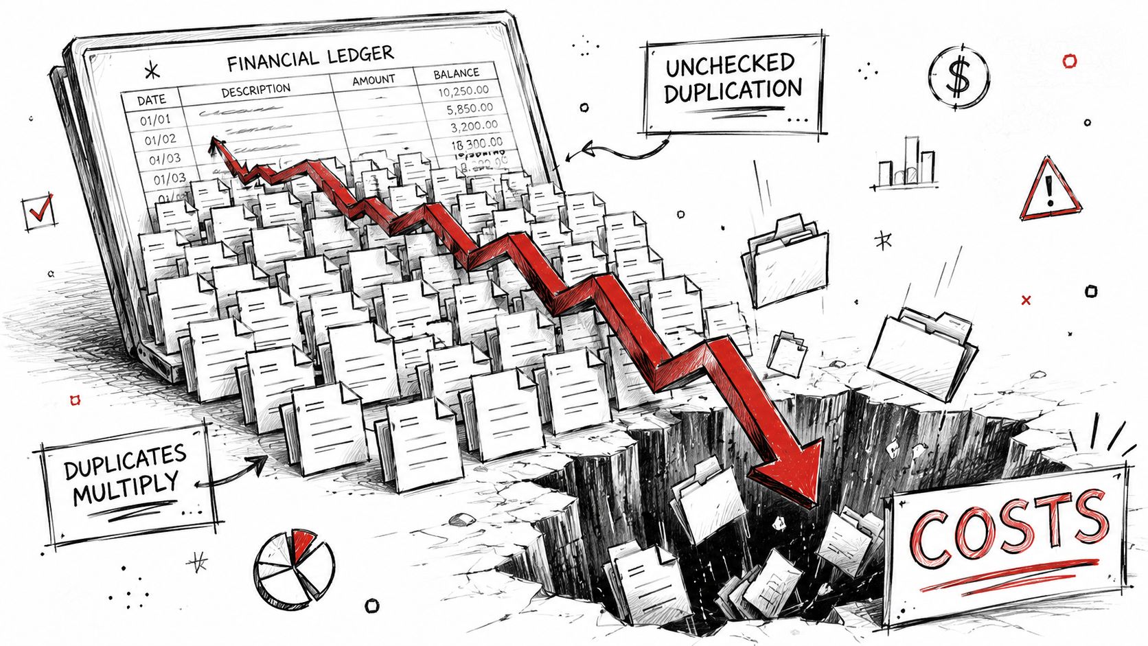 A conceptual sketch showing a financial ledger overflowing with document duplicates that cause rising business costs.