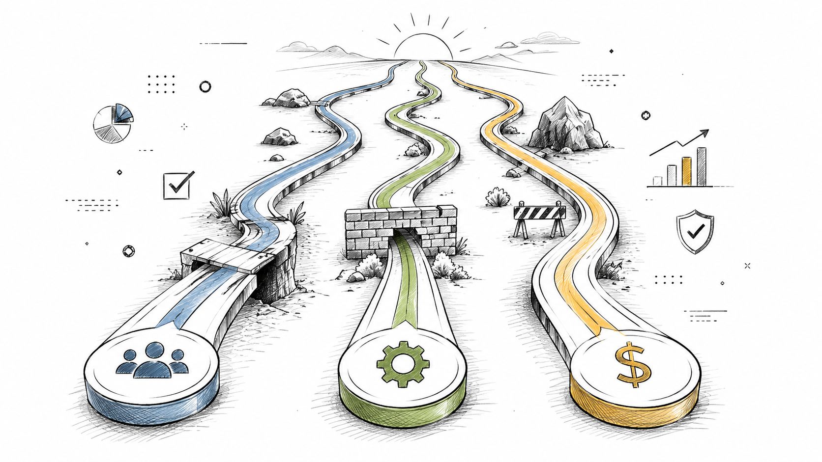 A hand-drawn illustration showing three pathways representing people, processes, and finance leading toward a sun.