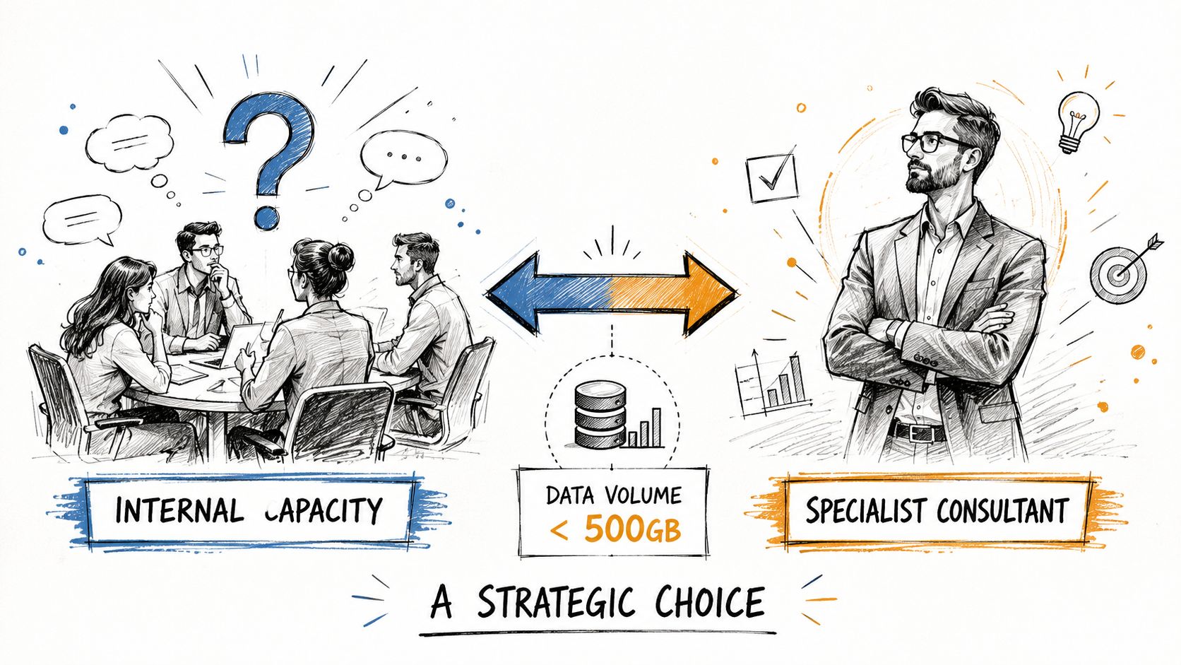A strategic choice between internal capacity and hiring a specialist consultant based on data volume.