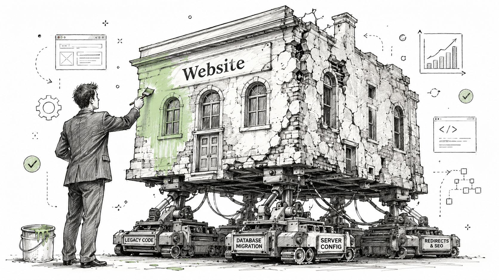 A businessman painting a crumbling, derelict website building supported by high-tech machinery and engineering components.