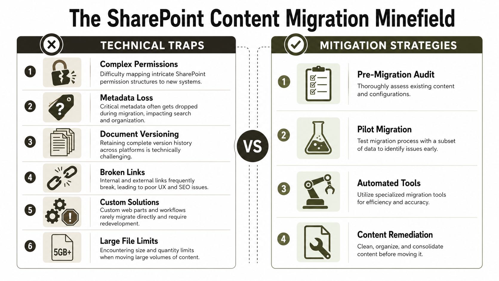 A comparison chart outlining common technical traps and mitigation strategies for SharePoint content migration projects.