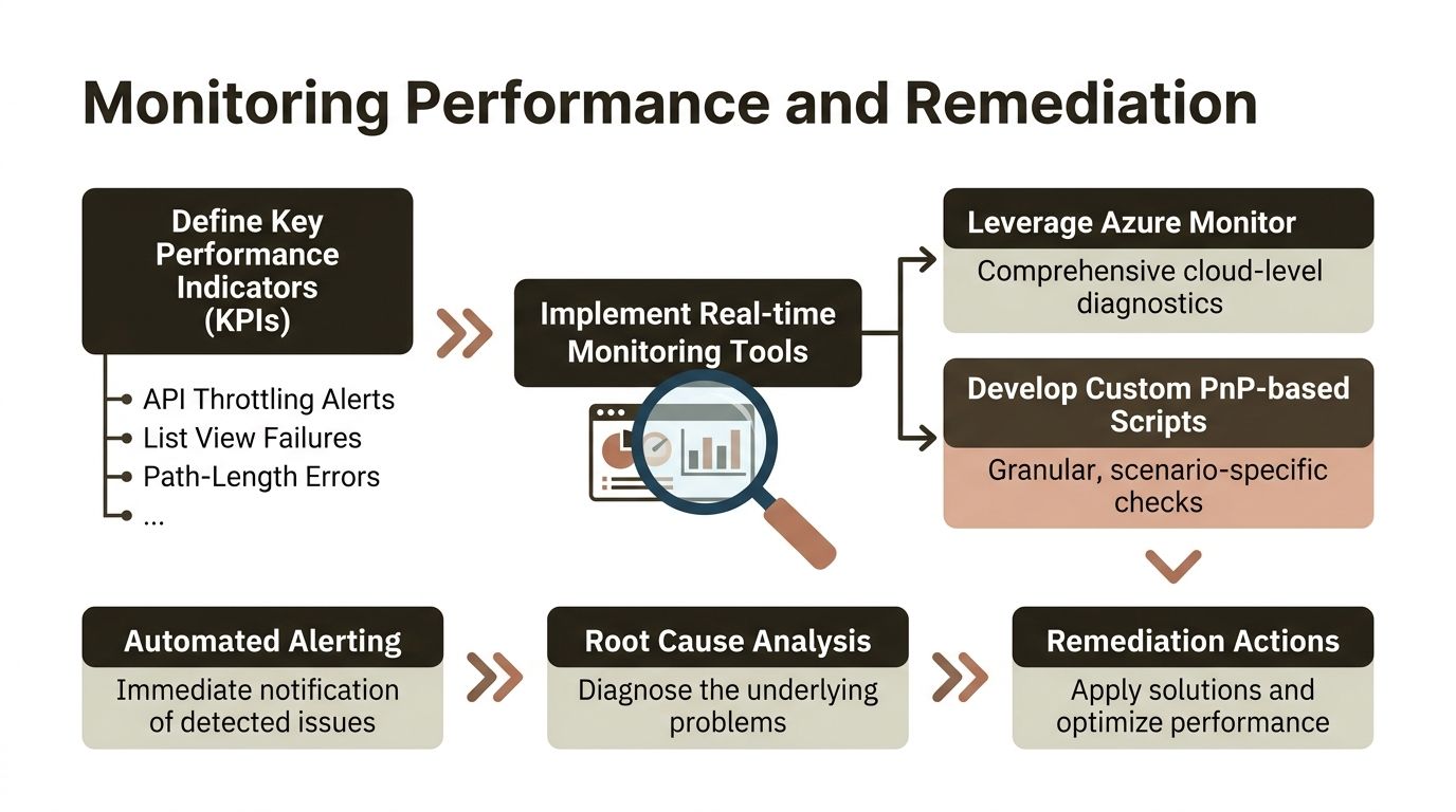 A flowchart diagram illustrating a framework for cloud performance monitoring and automated system remediation processes.