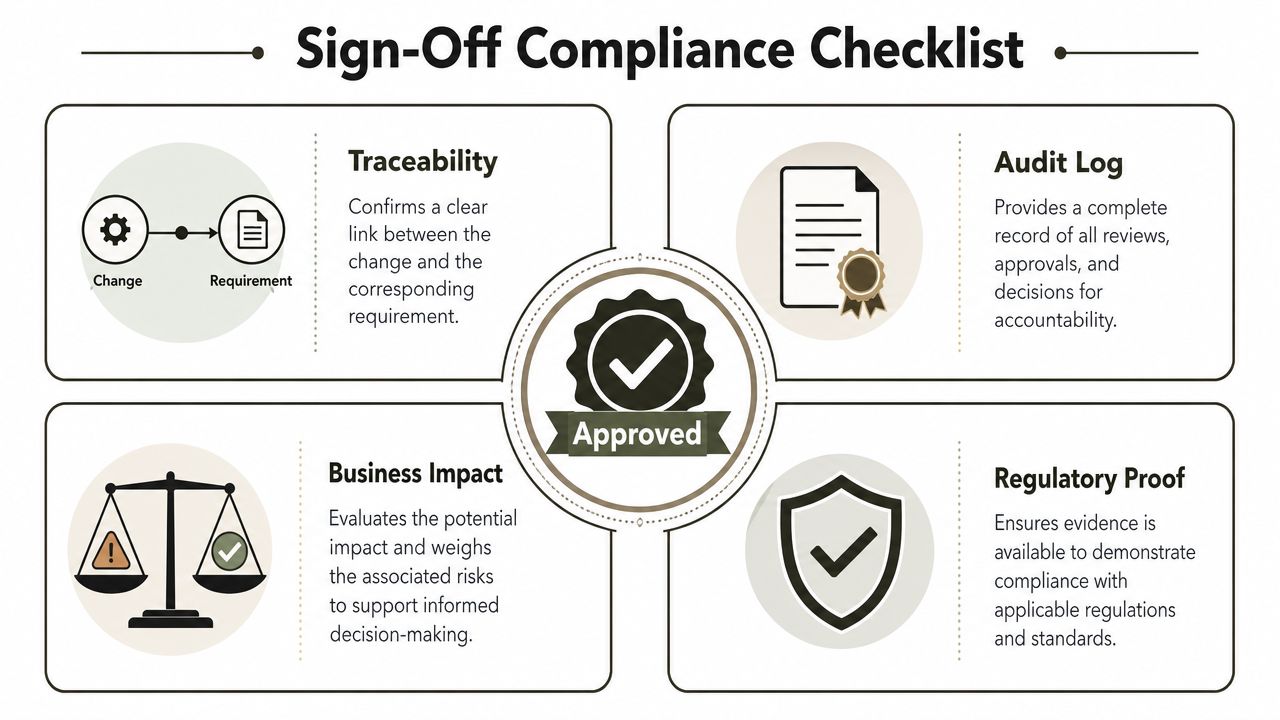 A visual guide outlining a four-part sign-off compliance checklist for regulatory standards and project approval.