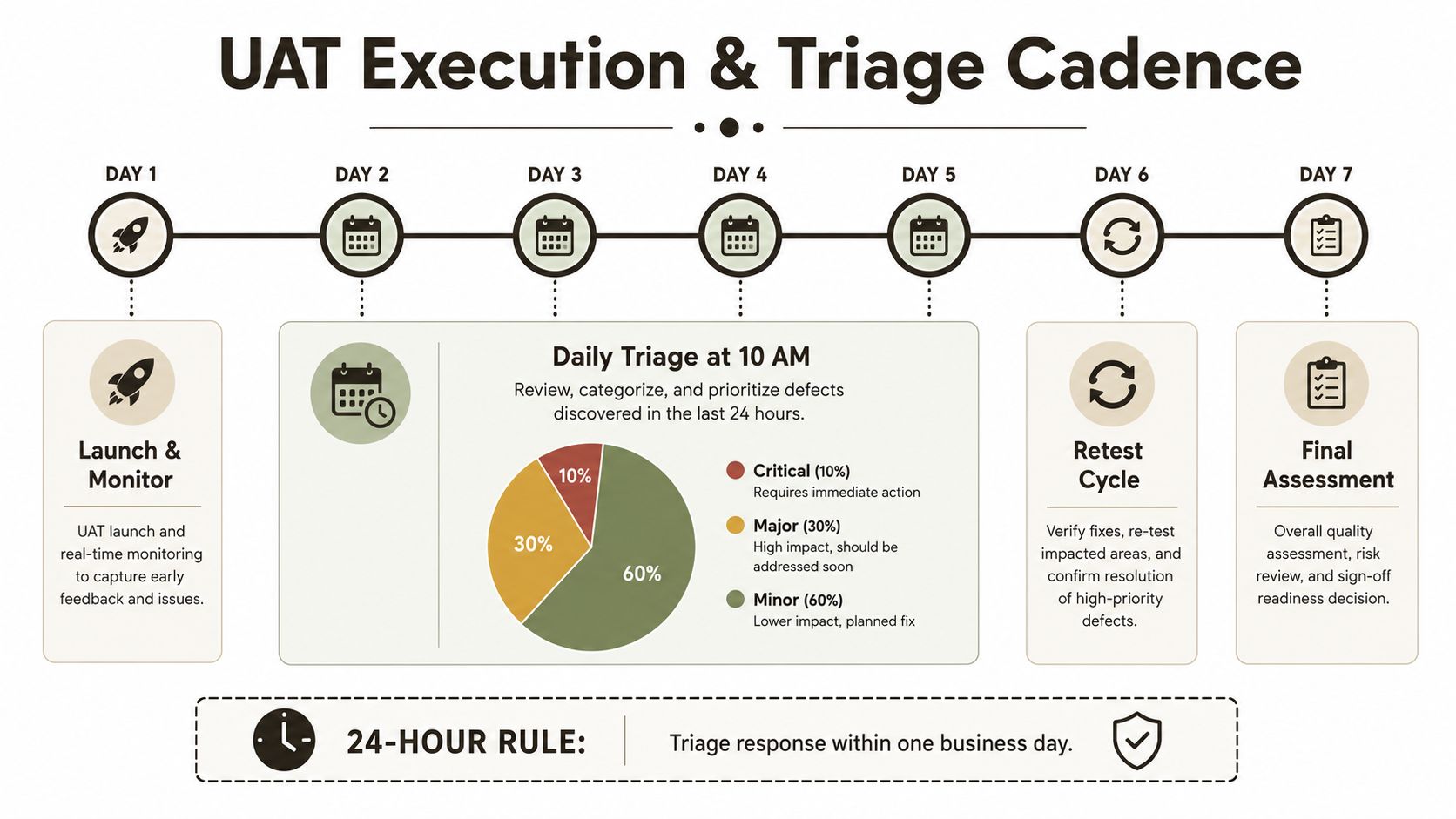 A flowchart showing the UAT execution and triage cadence over a seven day testing cycle.