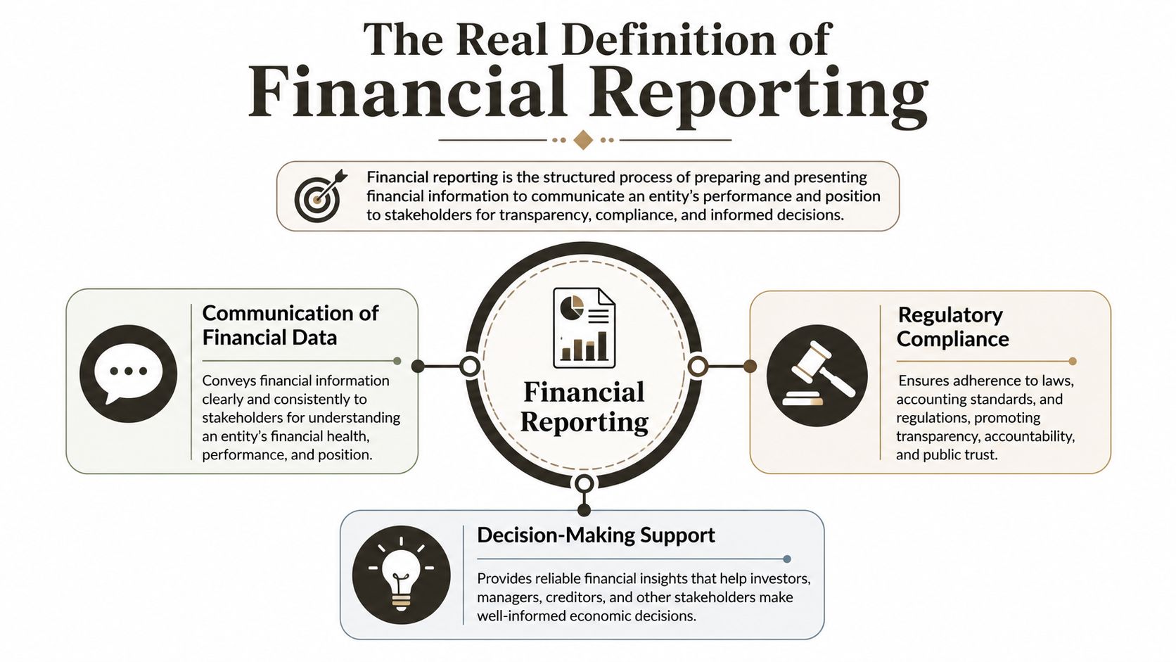 An infographic titled The Real Definition of Financial Reporting, detailing its core functions, communication, compliance, and decision-making.