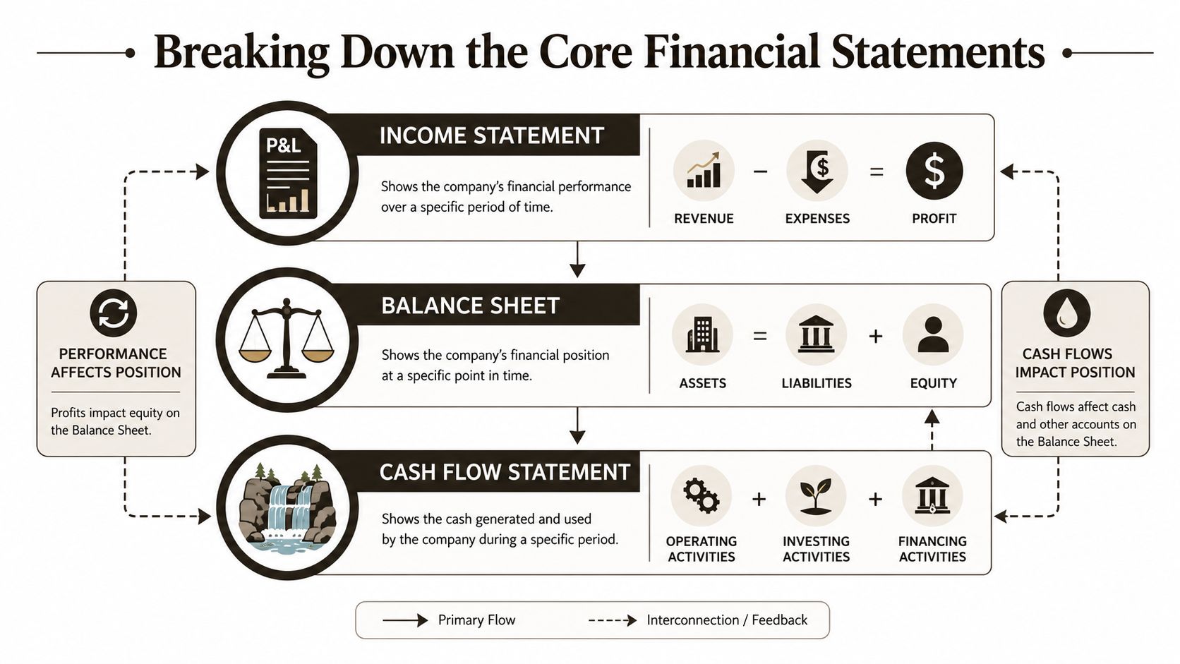 A diagram illustrating the interconnected nature of the three core financial statements: income statement, balance sheet, and cash flow statement.