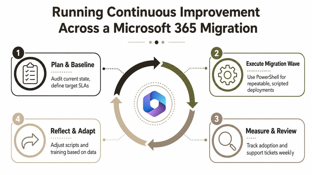 A cyclical diagram showing four steps for continuous improvement during a Microsoft 365 cloud migration.