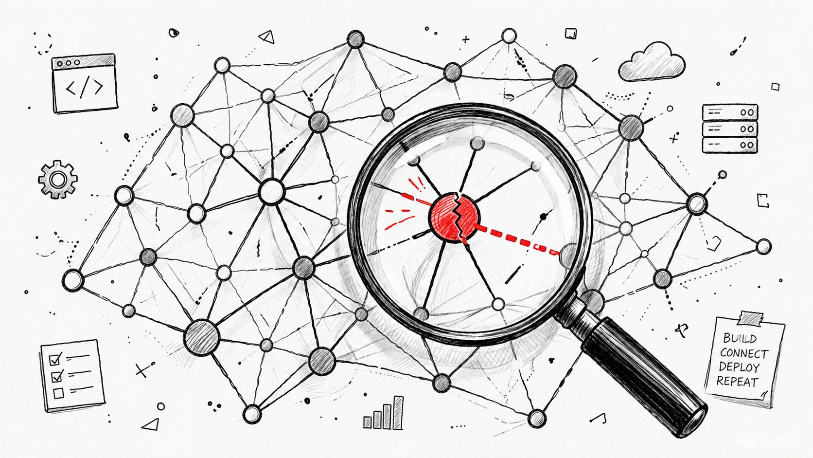A magnifying glass inspecting a broken node in a complex digital network or software architecture diagram.