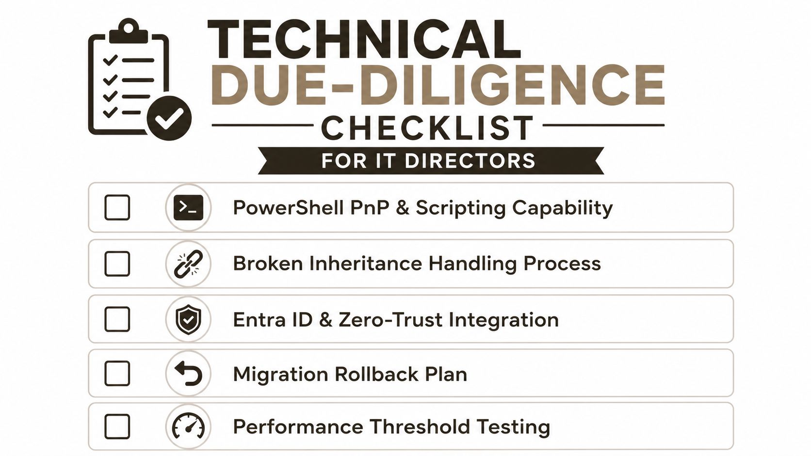 A technical due diligence checklist for IT directors highlighting key infrastructure and security evaluation categories.