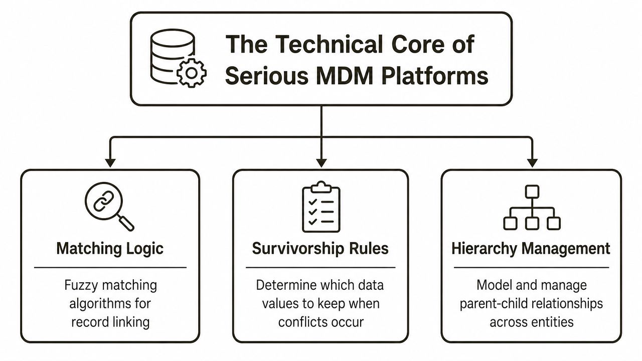 A diagram illustrating the three technical core pillars of serious master data management platforms.
