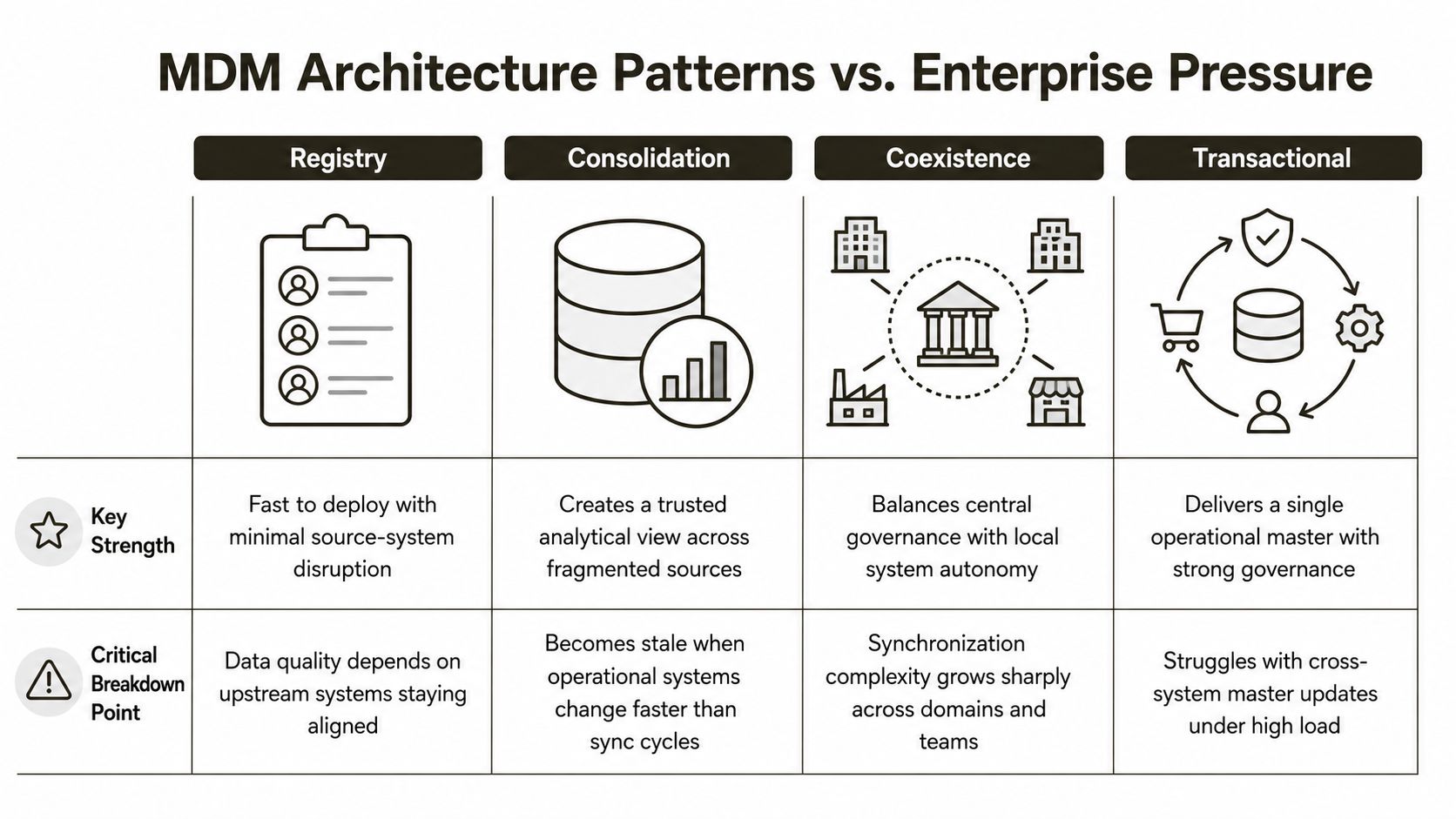 A comparison chart of Master Data Management architecture patterns: Registry, Consolidation, Coexistence, and Transactional with strengths and weaknesses.