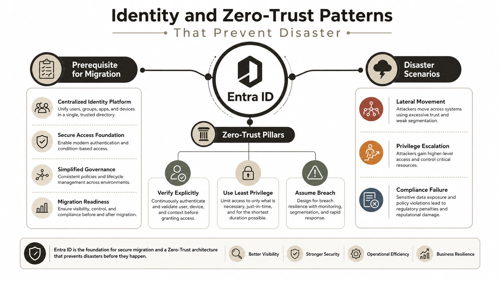 A diagram illustrating identity and zero-trust patterns centered around Entra ID for secure cloud migration.