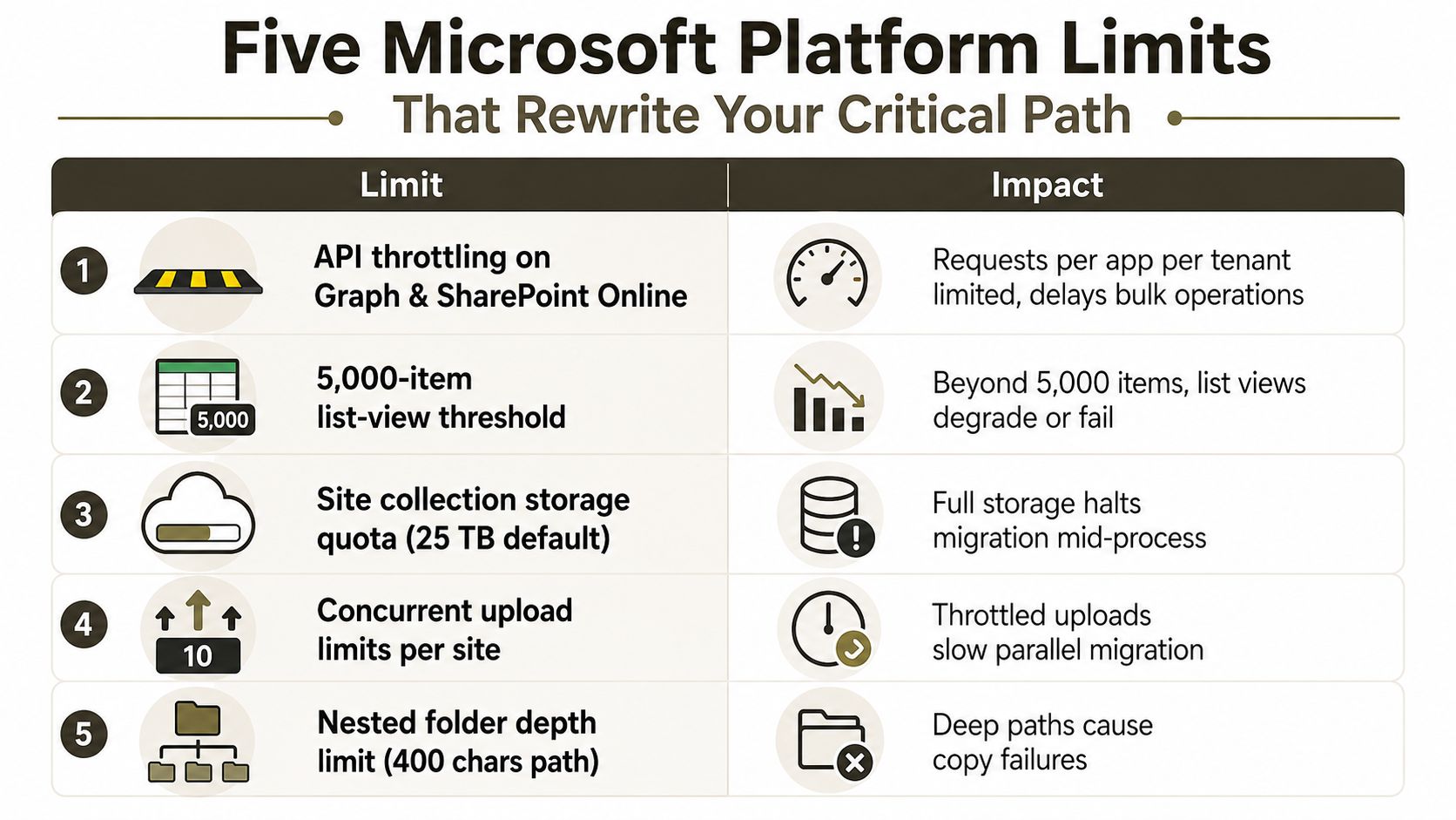 A table outlining five major Microsoft platform technical limits that impact enterprise critical path planning and migration.
