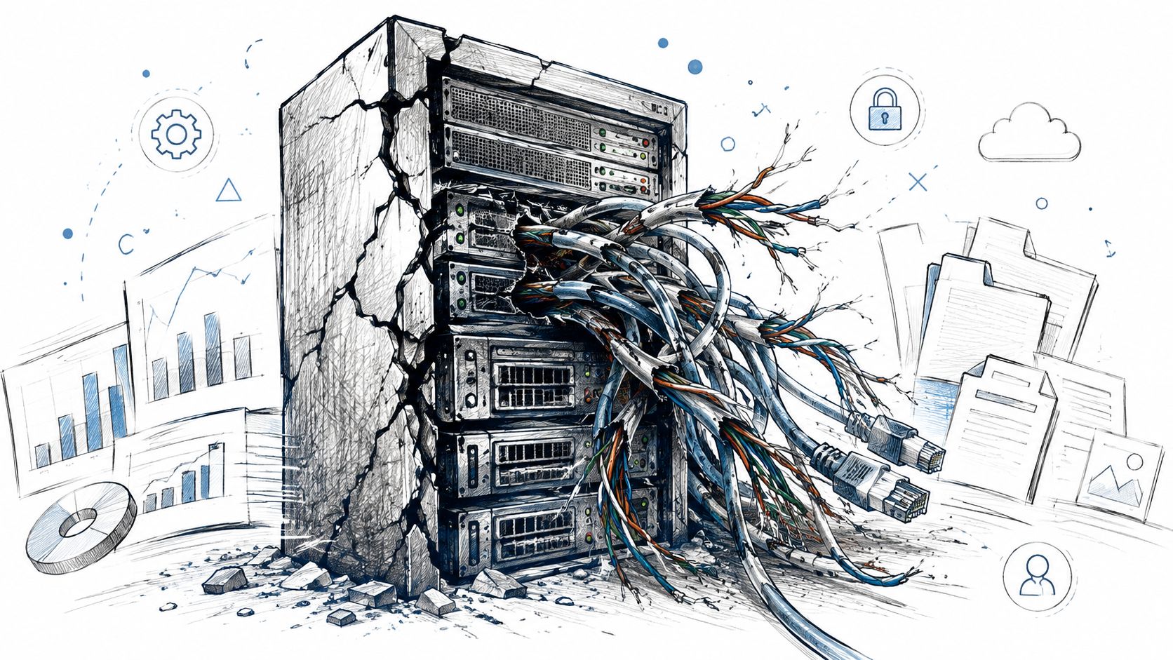 A broken, cracked server rack with tangled cables spilling out, symbolizing IT infrastructure failure and cybersecurity risks.
