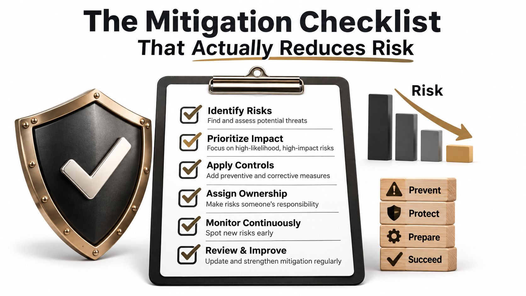 A checklist on a clipboard showing six steps for effective risk mitigation, accompanied by a protective shield icon.