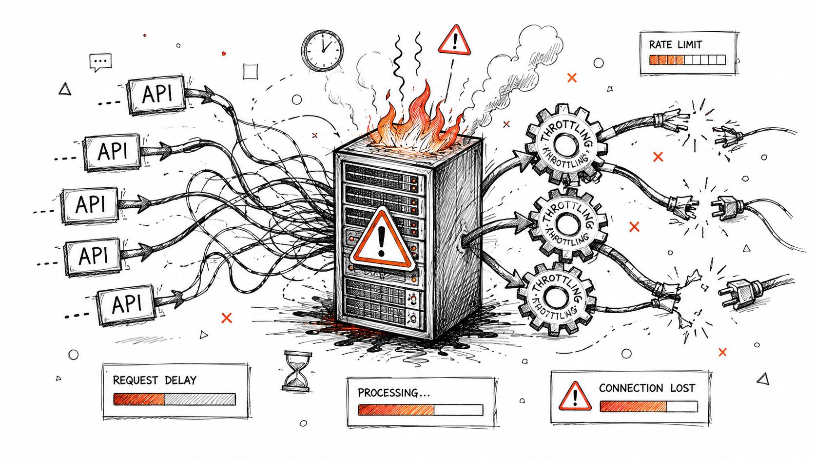 A hand-drawn illustration showing a server overheating due to excessive API requests and connection throttling.