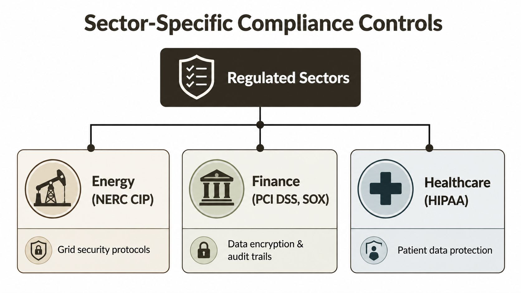 A diagram illustrating sector-specific compliance controls for energy, finance, and healthcare industries with relevant security regulations.