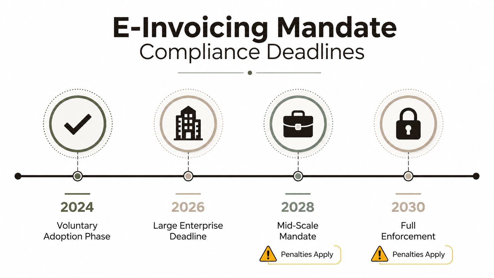 A timeline graphic showing 2024 to 2030 e-invoicing mandate compliance deadlines including voluntary, enterprise, and enforcement stages.