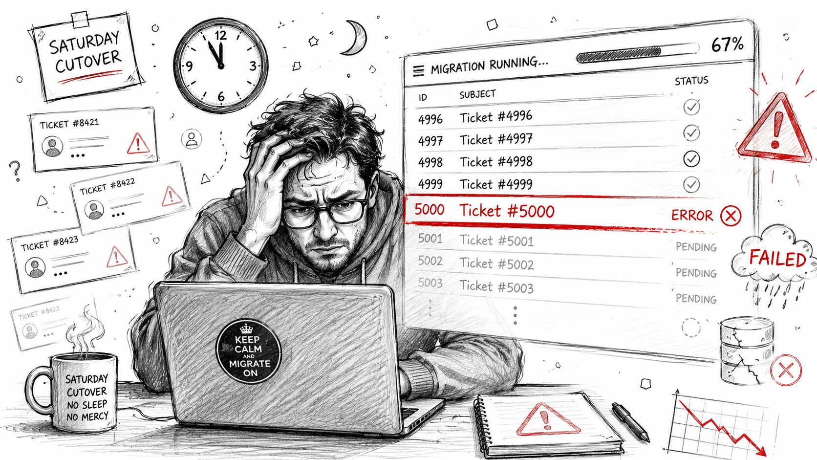 Stressed IT professional struggling with a SharePoint migration error at their desk during a Saturday cutover.
