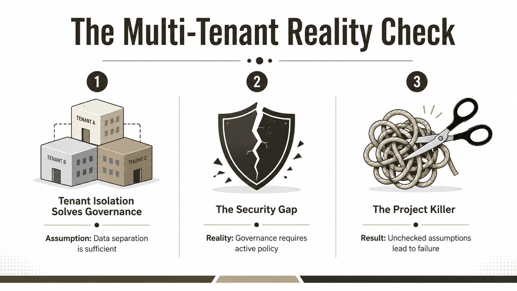 An infographic titled The Multi-Tenant Reality Check illustrating challenges in tenant isolation, security gaps, and project failures.