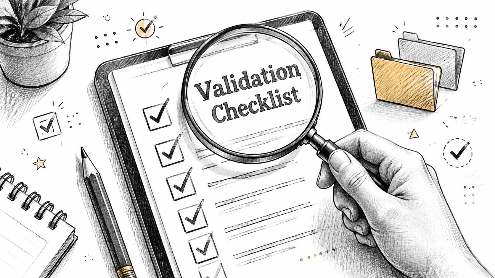A hand holds a magnifying glass over a document labeled Validation Checklist with several checked boxes.