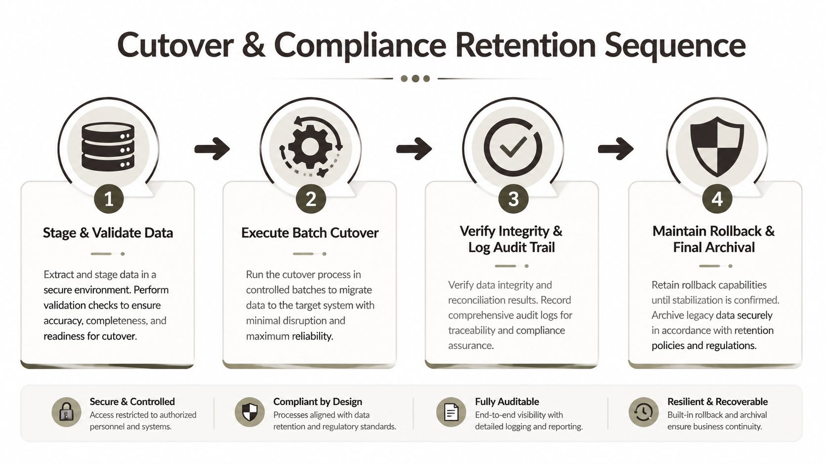A four-step flow diagram illustrating the secure process for legacy system decommissioning, data migration, and compliance retention.