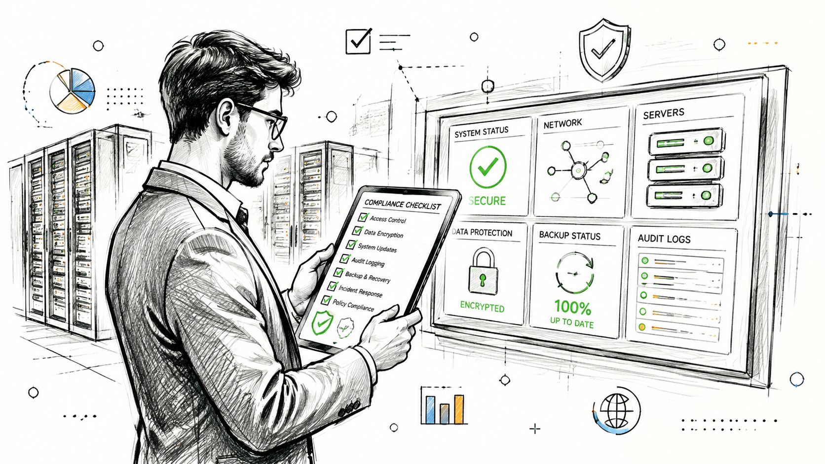 A professional analyzing IT infrastructure security and compliance status on a digital tablet in a server room.
