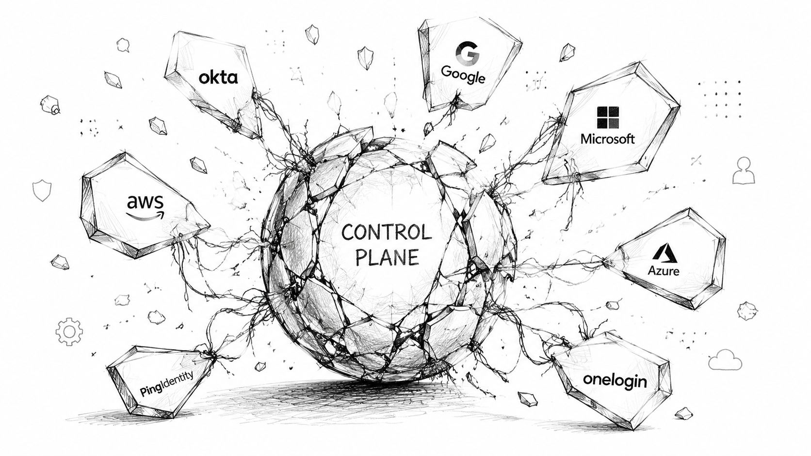 A digital illustration showing a central control plane connected to various major identity provider logos.
