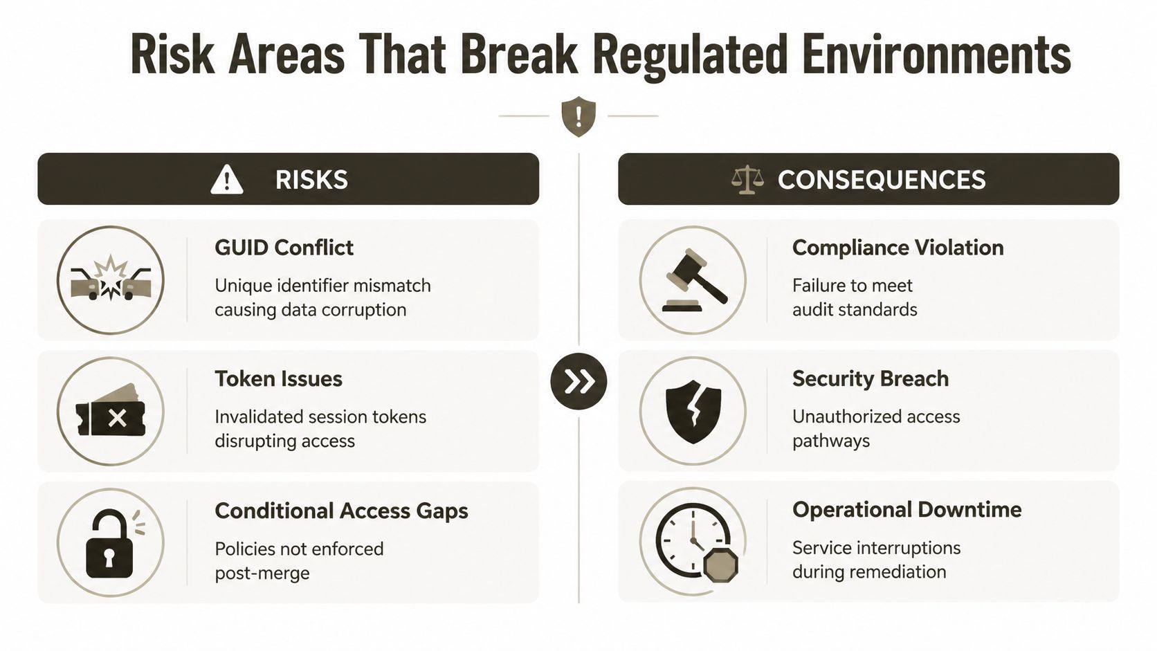 A chart showing risks and consequences in regulated environments including GUID conflicts, security breaches, and operational downtime.