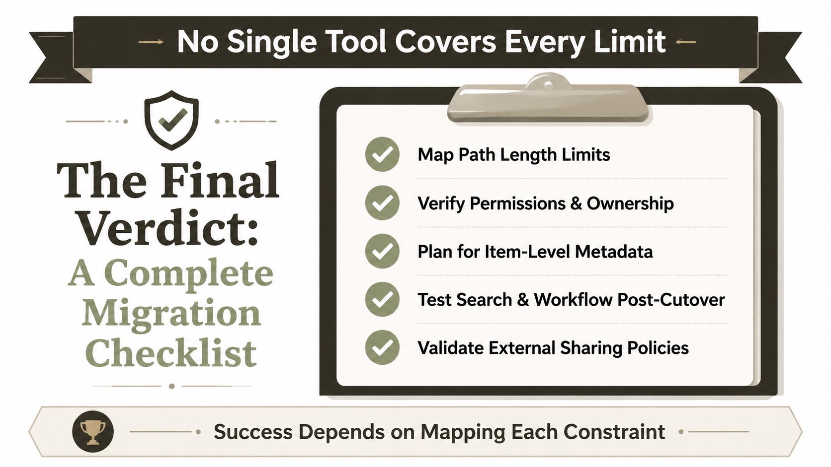 A migration checklist infographic detailing essential steps to manage SharePoint migration tool limitations and data constraints.