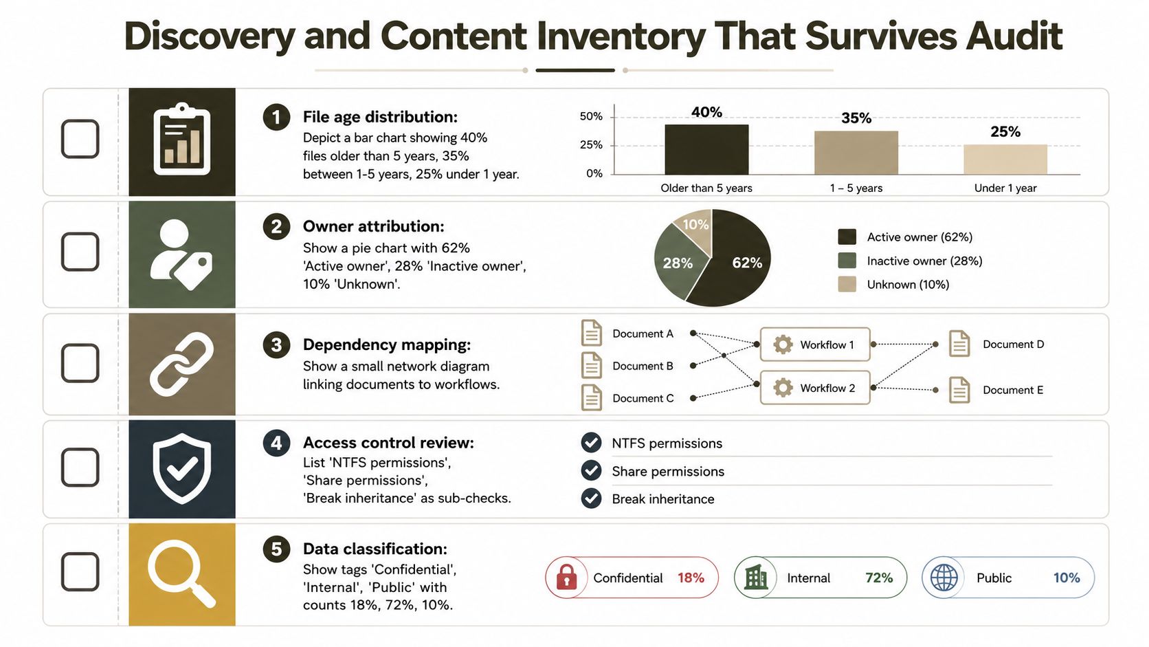 An infographic outlining five key components for conducting a successful data discovery and content inventory audit process.