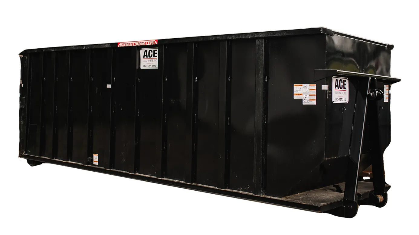 Large black industrial dumpster container with ACE Solid Waste Inc. logos on sides.