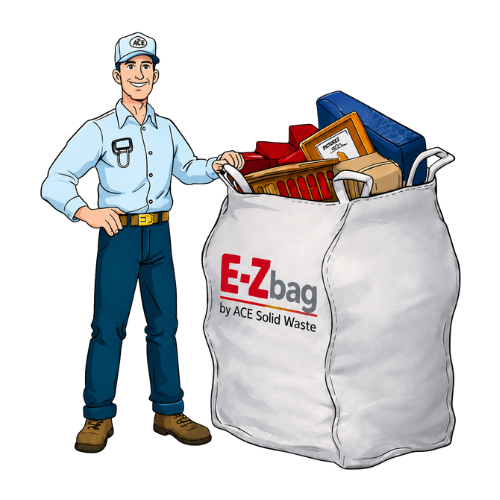 Man in uniform standing next to a large white EZ bag filled with various items for solid waste.