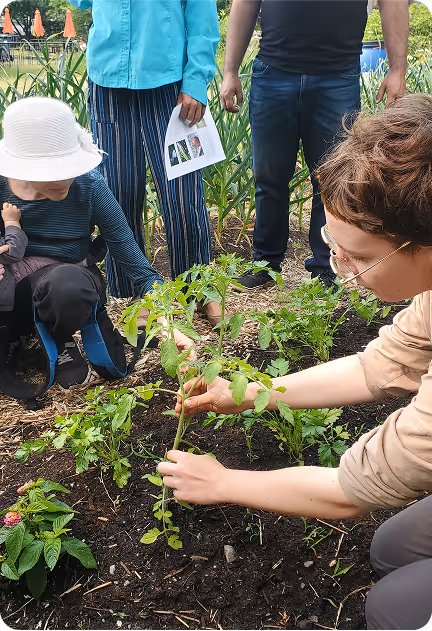 Participants et animatrice dans les jardins collectifs de Bouffe-Action