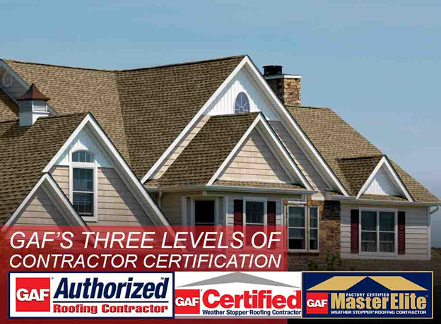 GAF roofing contractor certification levels displayed with residential roof image