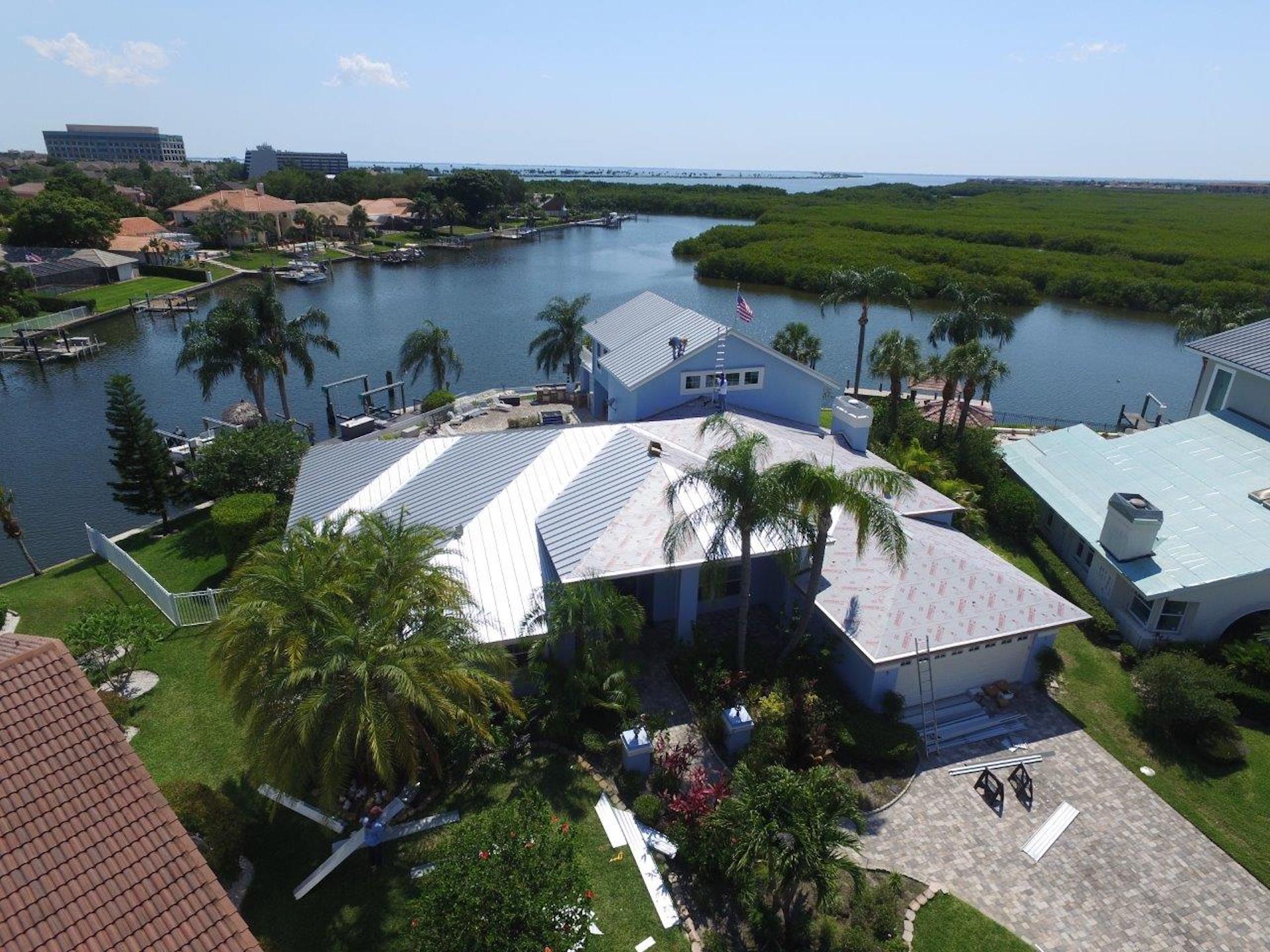aerial view of commercial roofing Tampa flat roof replacement project