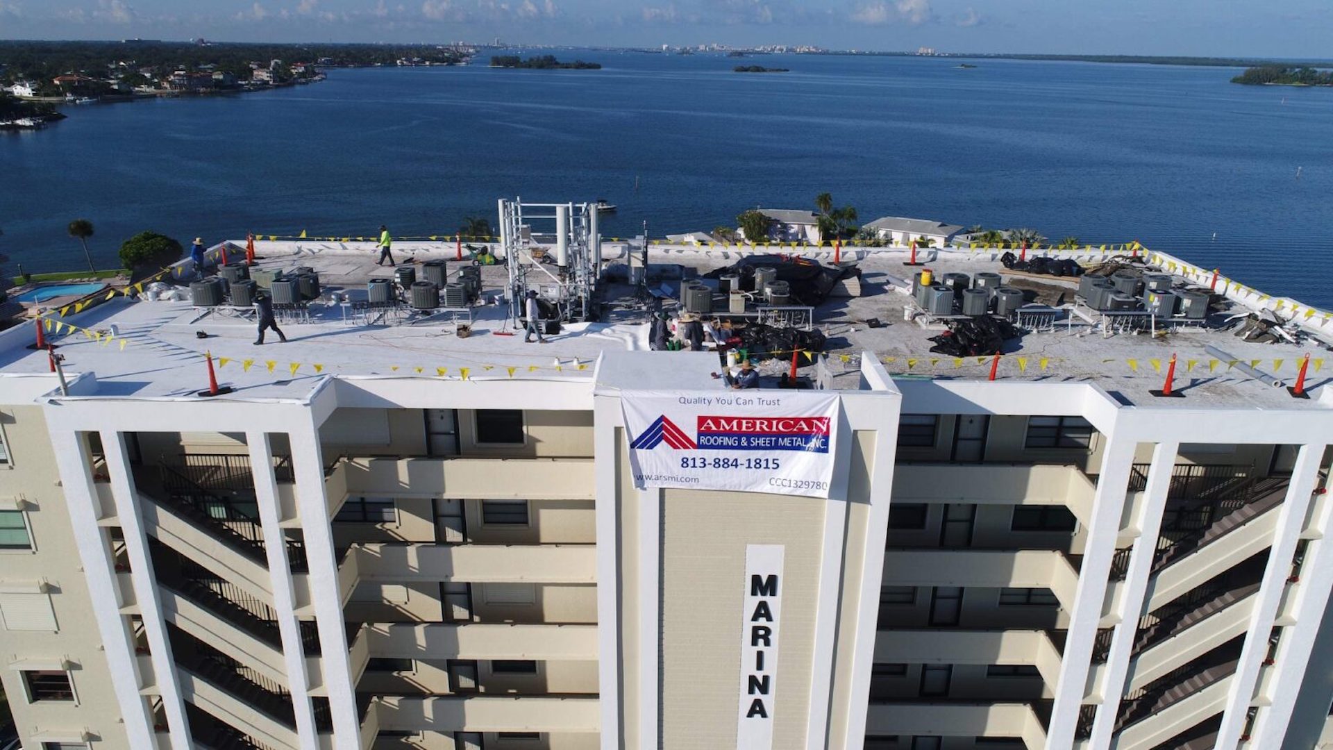 Aerial view of Dunedin commercial roofing site before renovation