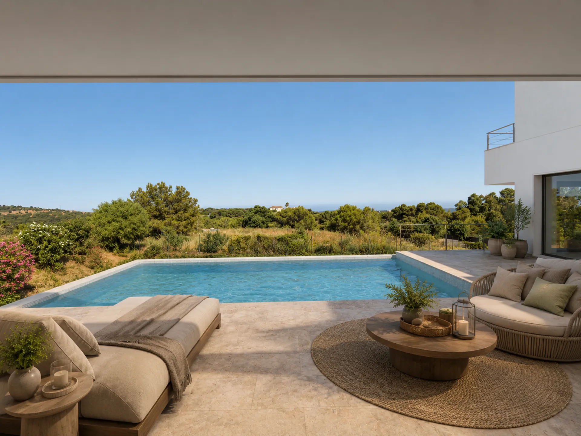 Covered terrace with swimming pool, outdoor seating and open views