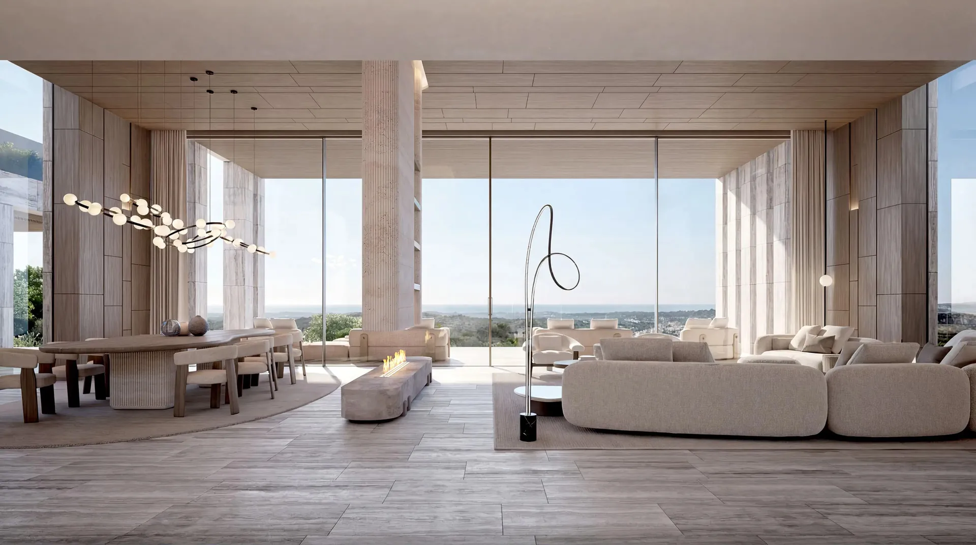 Open-plan living room with floor-to-ceiling windows and panoramic views