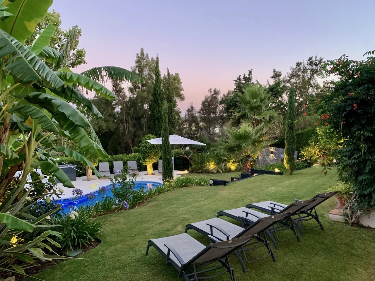 Peaceful garden with swimming pool, sun loungers and mature greenery