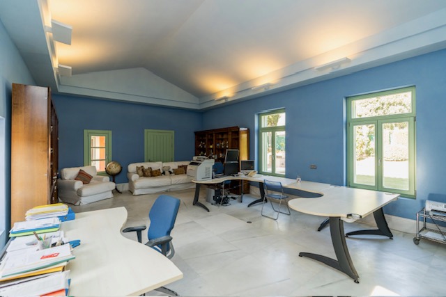 Blue study or office with desk, sofa seating and large windows