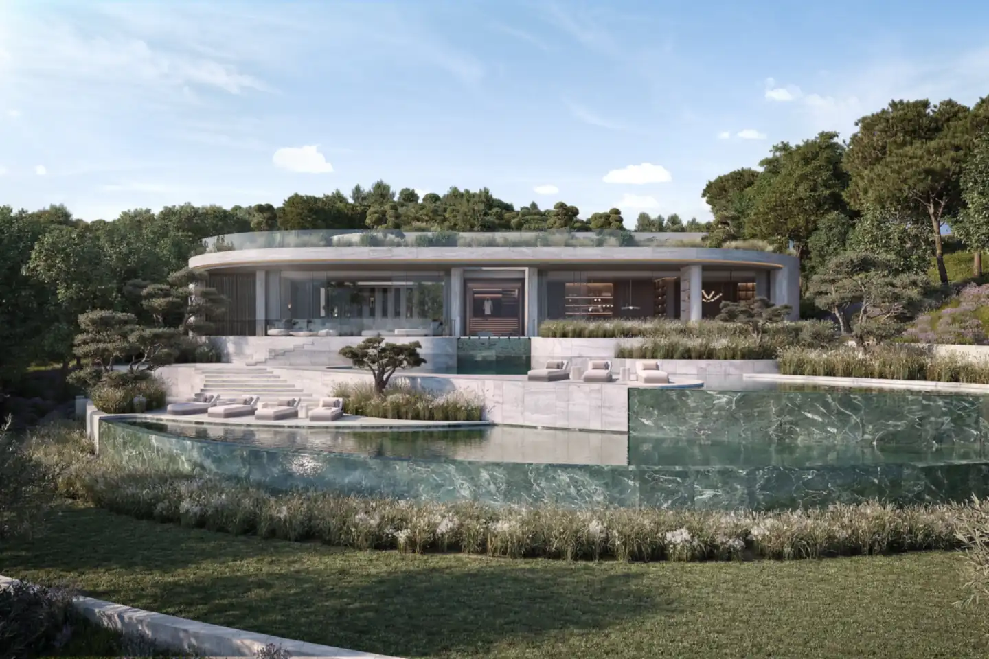 Render of Villa Dune with its pool and terraced gardens in La Reserva de Sotogrande