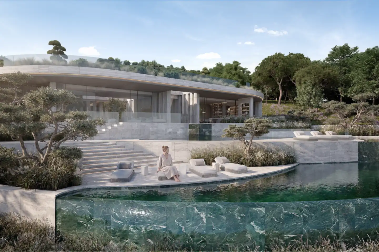 Render of the side of Villa Dune with pool and sun loungers