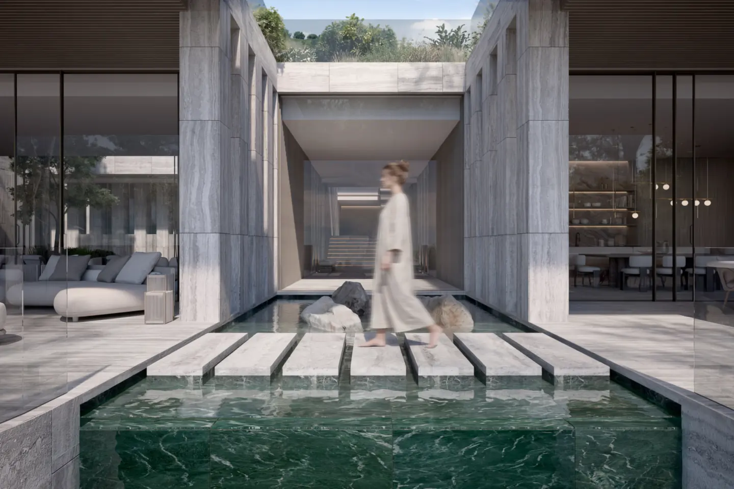 Render of stepping stones across water leading into Villa Dune
