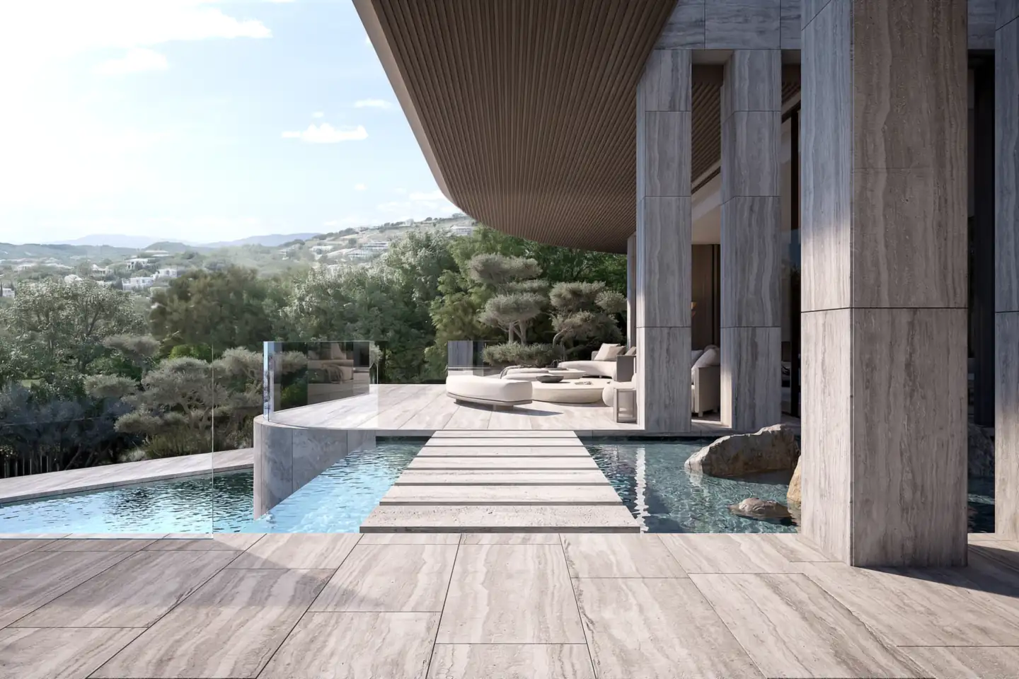 Render of the covered walkway at Villa Dune with views over the hills