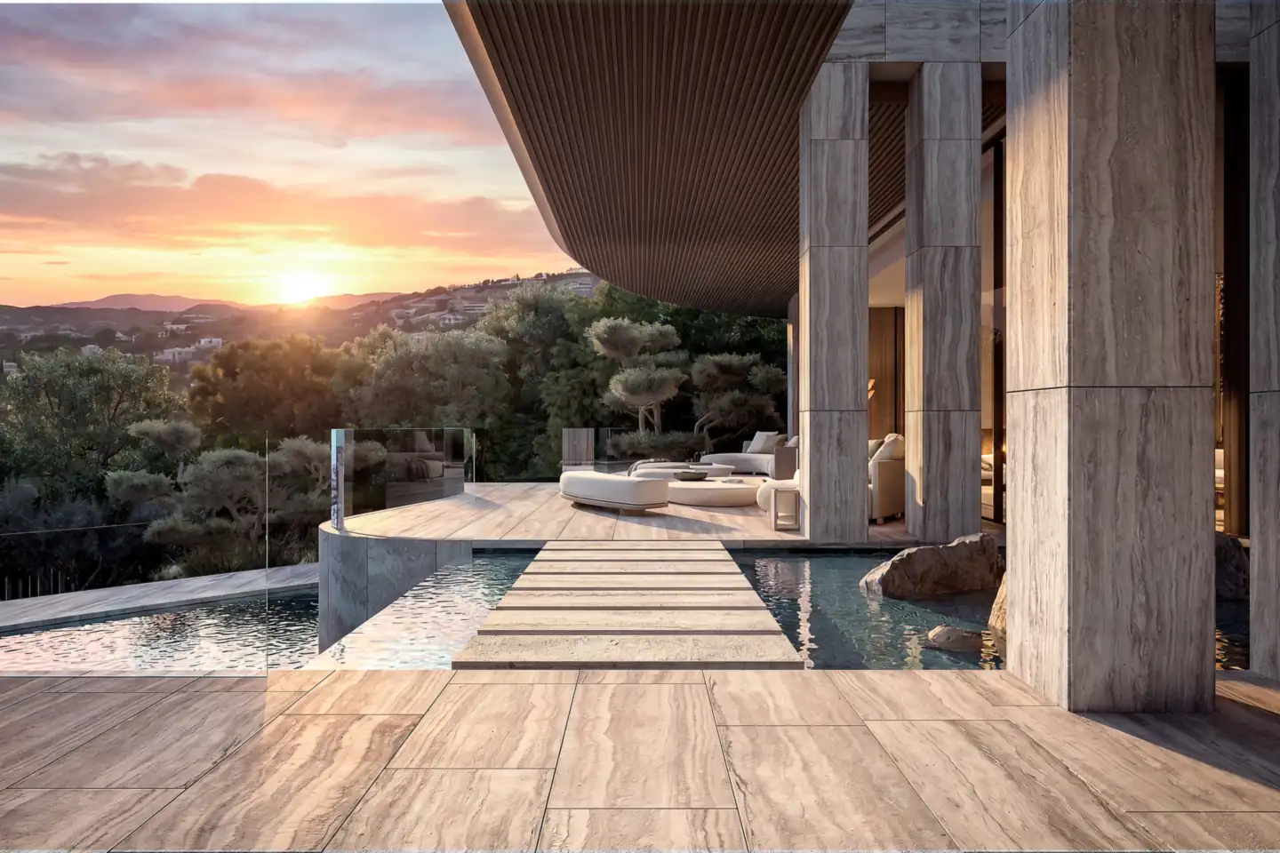 Render of the covered walkway at Villa Dune at sunset
