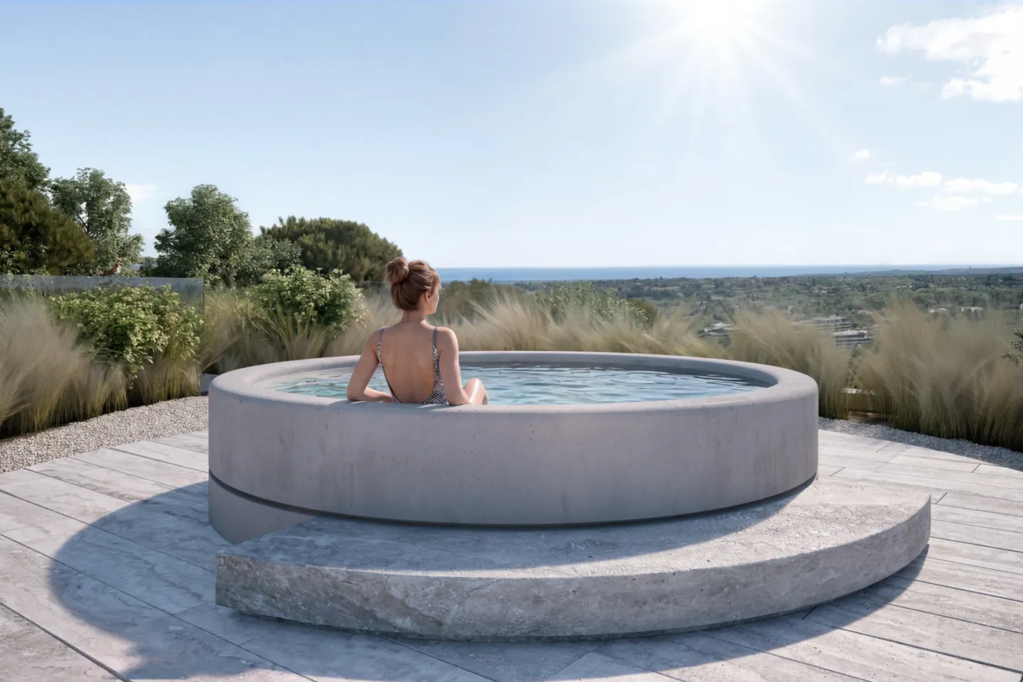Render of the rooftop jacuzzi at Villa Dune looking out to sea