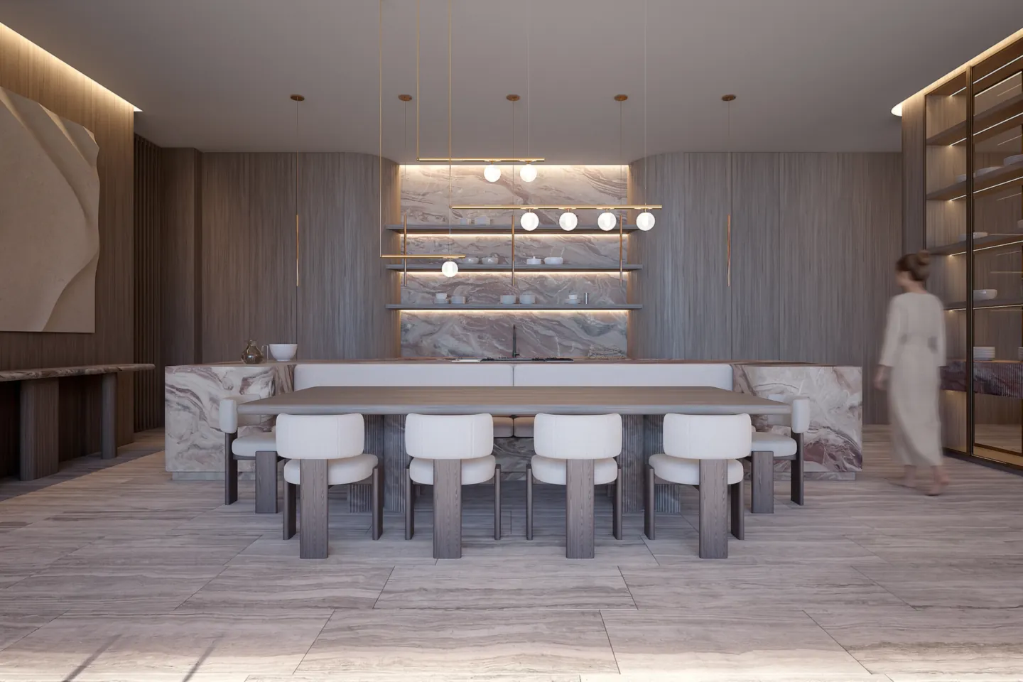 Render of the kitchen and dining table in Villa Dune