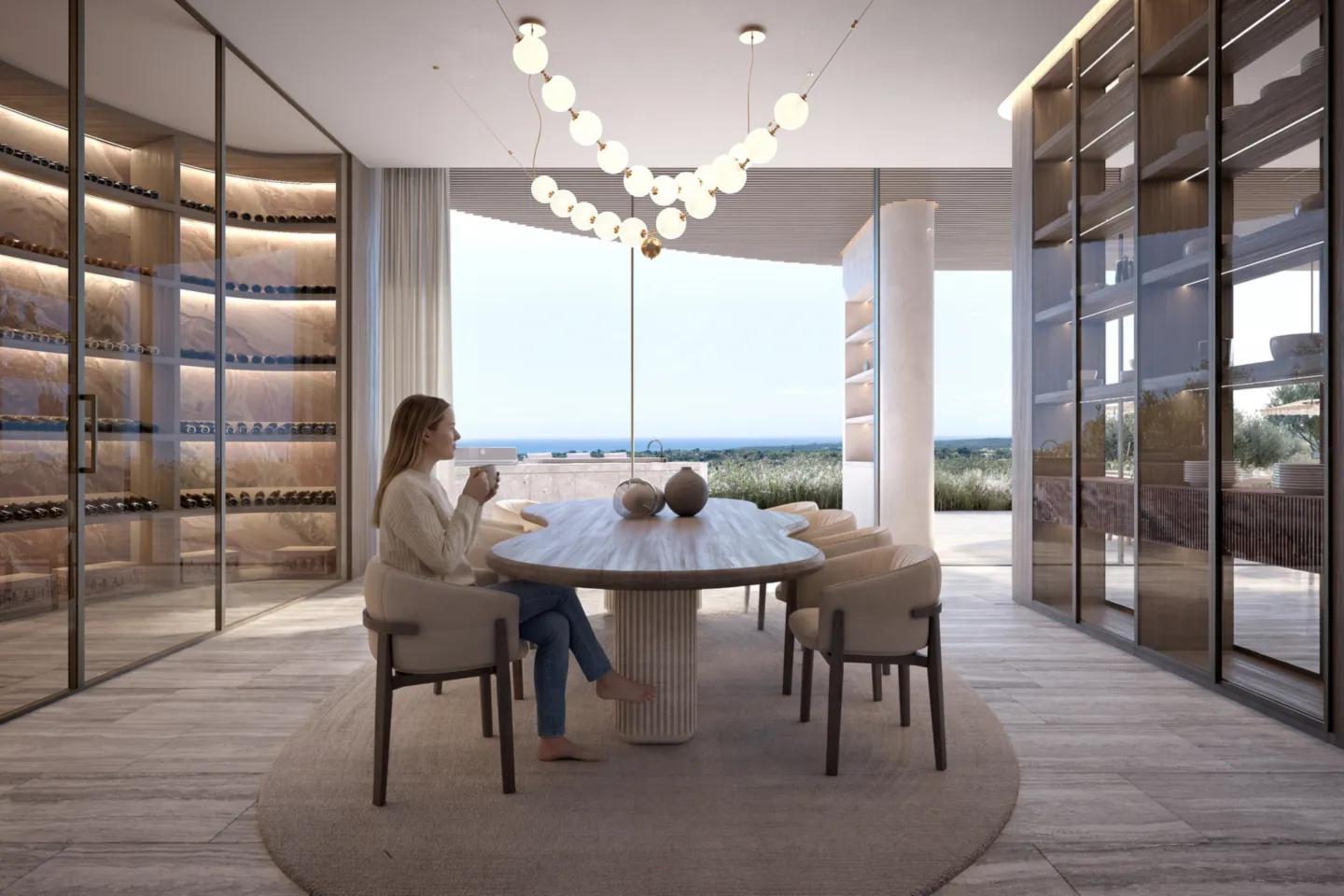 Render of the dining room in Villa Dune with wine wall and sea views